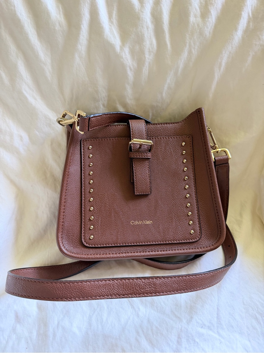Calvin Klein Chestnut Brown Leather Studded Crossbody Bag